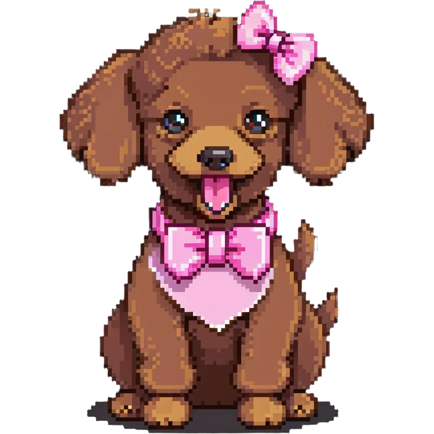 cute brown poodle with a pink bow on its head and tail, tongue sticking out, and a pink collar emoji