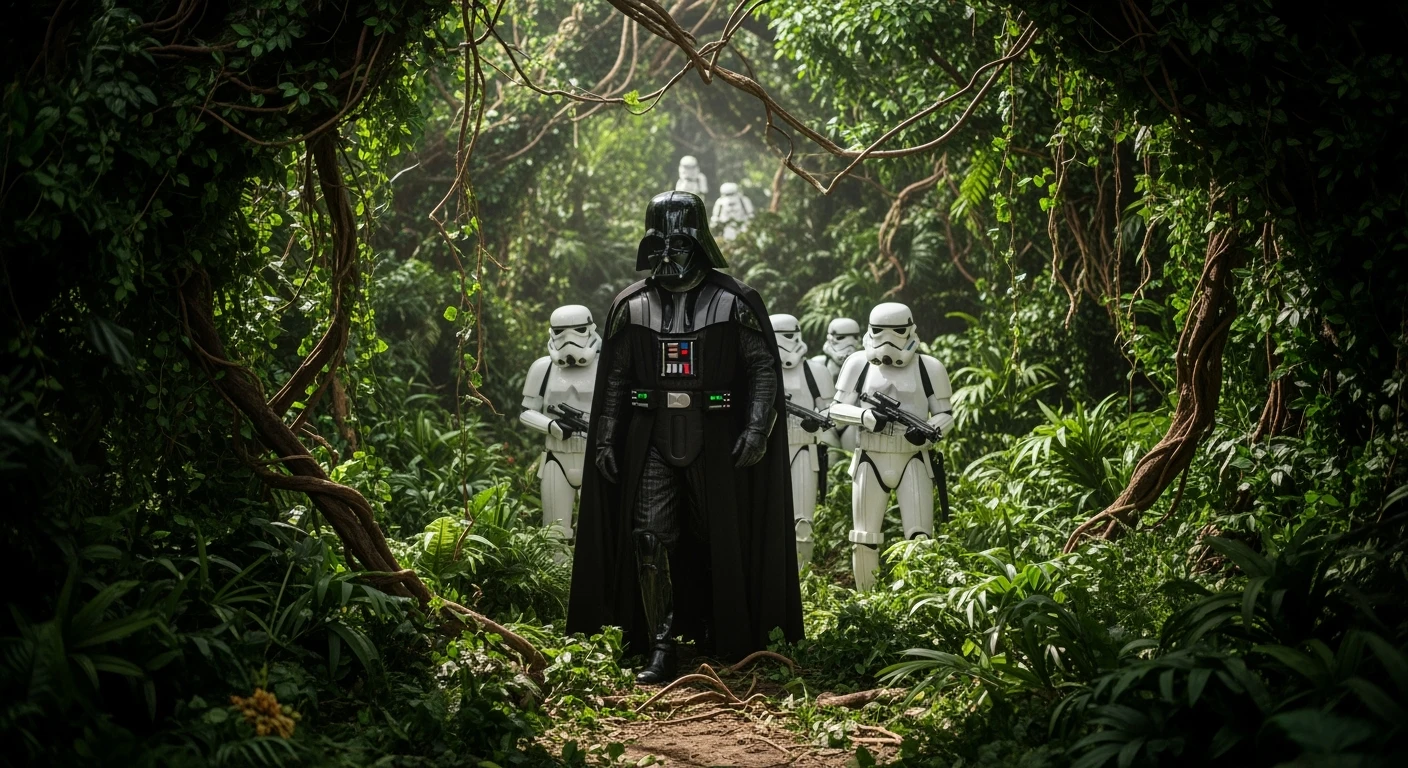 cinematic still, Closeup shot, amazon jungle, well lit scene, Darth Vader around stormtroopers is exploring the jungle, captured by arri alexa emoji