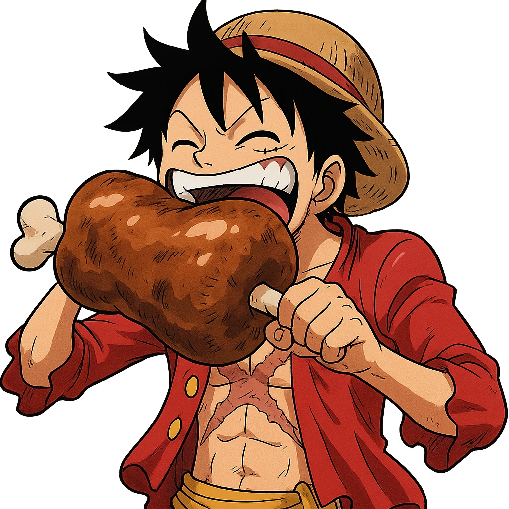 Luffy eating a big piece of meat, happy facial features, dynamic anime style emoji
