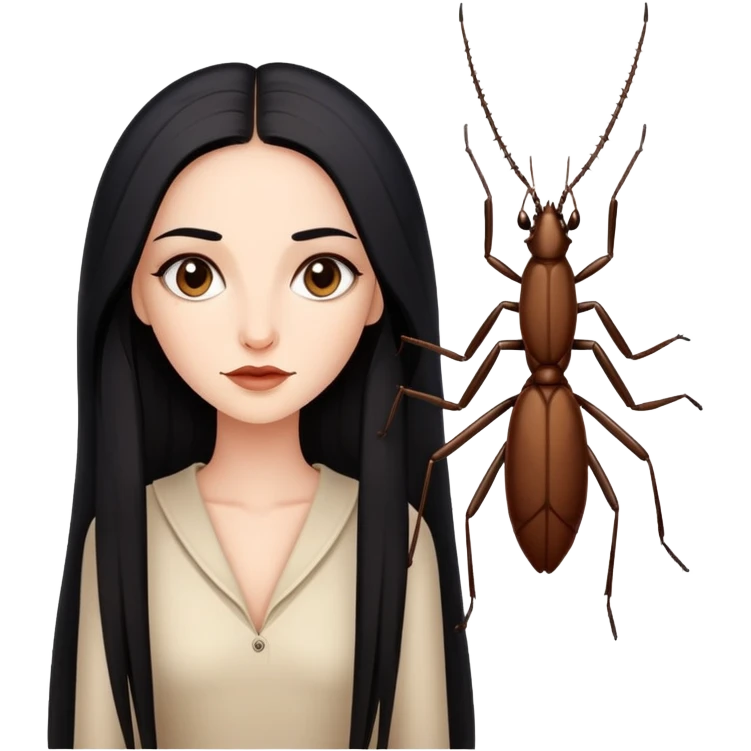beautiful pale woman with long black hair next to one brown stick bug emoji
