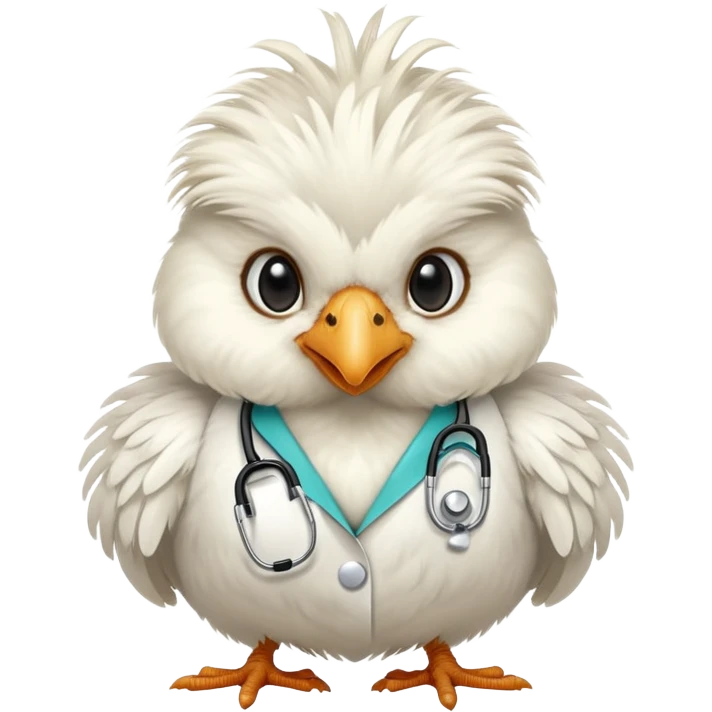 A fluffy-headed White Silkie Bantam chicken wearing a doctor's stethoscope.  emoji