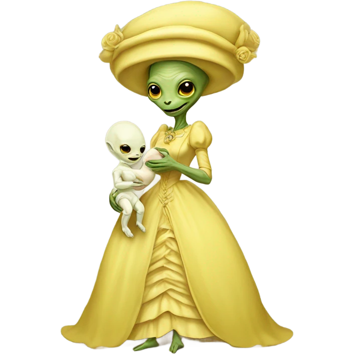  Reptilian alien woman , full body, in victorian jellow elegant dress , holds a newborn white humman baby emoji