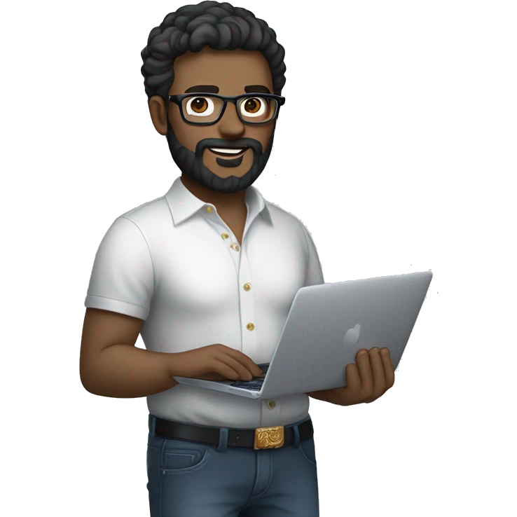 Emoji man with beard holding macbook in hands wearing versace glasses and shirt, profession - graphic designer. Features: white skin, full body type, dark hair, earring in left ear, dark white skin emoji