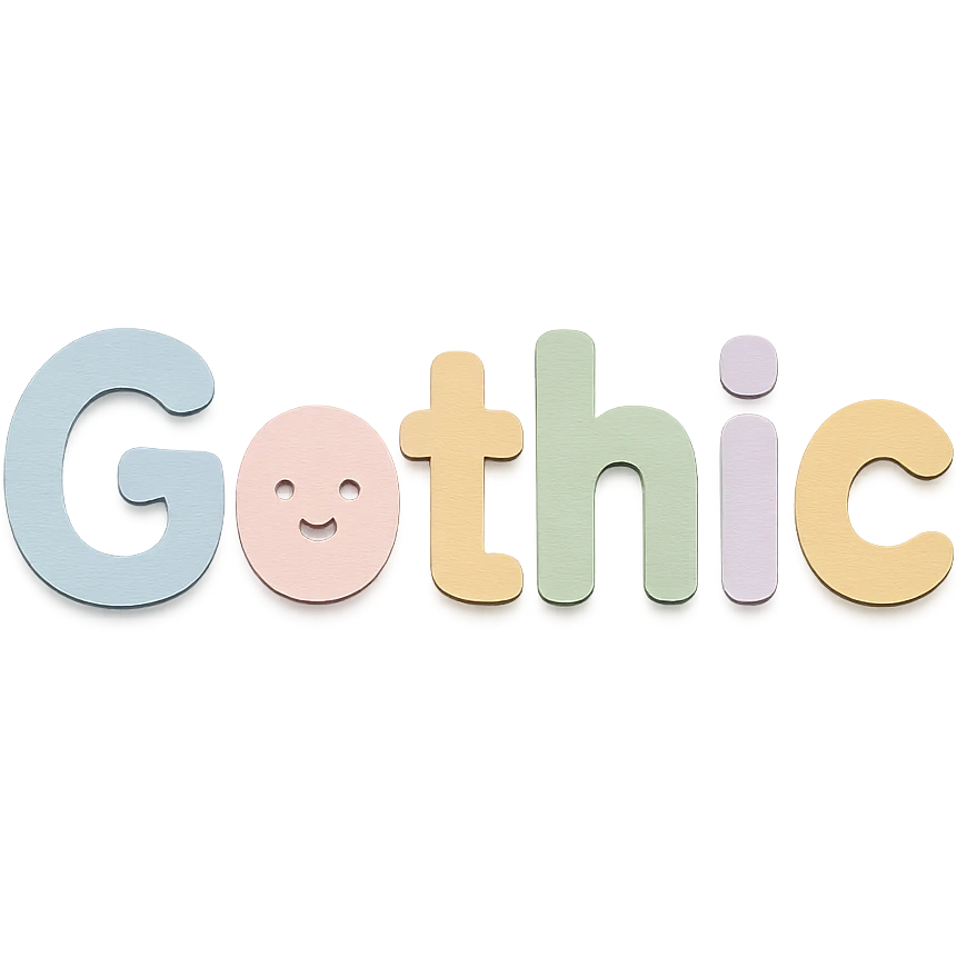 "Gothic" in soft pastel rainbow rounded sans-serif font, kawaii, no outline, 3D paper-craft effect emoji