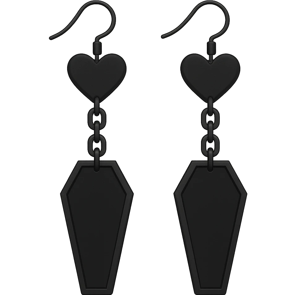 goth earrings, black coffin with chain, punk gothic style, bold emoji
