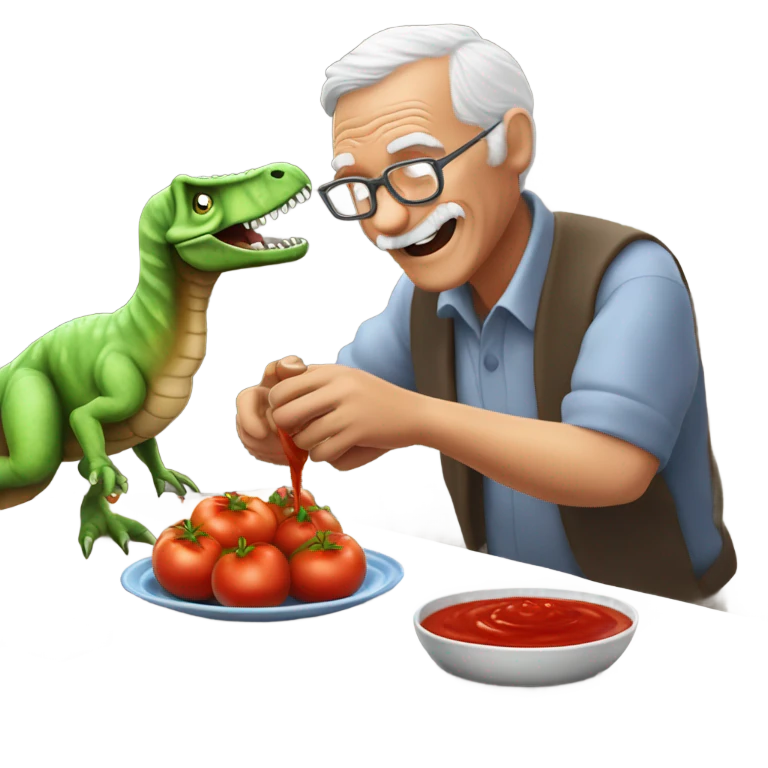 Old man drizzling tomato sauce over his pet dinosaur  emoji