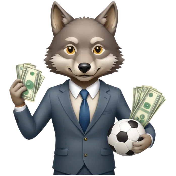 Wolf in business suit holding football and money, Wall Street wolf emoji