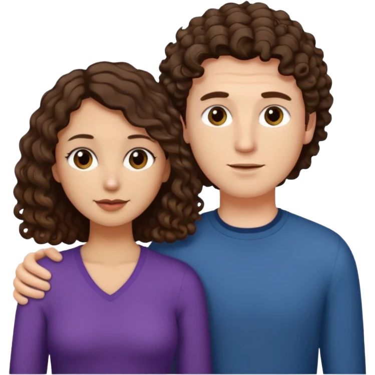 white male with short, straight, medium brown hair, shorter mixed toned woman with long curly dark brown hair, relationship emoji