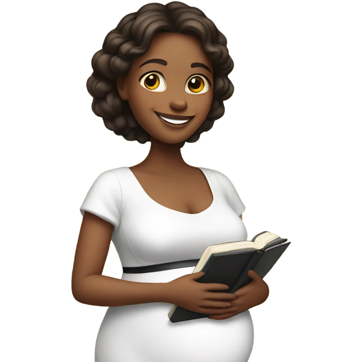 pregnant girl in a white dress holding an open photo album and looking at it with a smile emoji