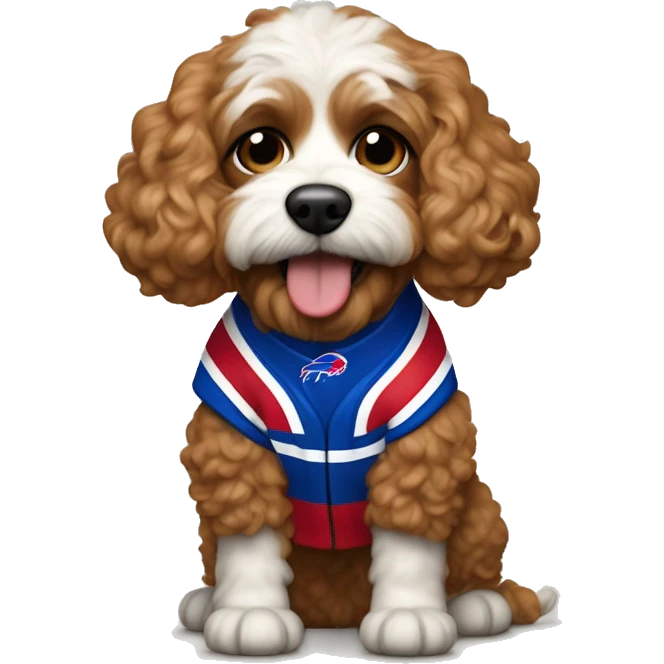 Cavapoochon dog wearing a buffalo bills jersey emoji