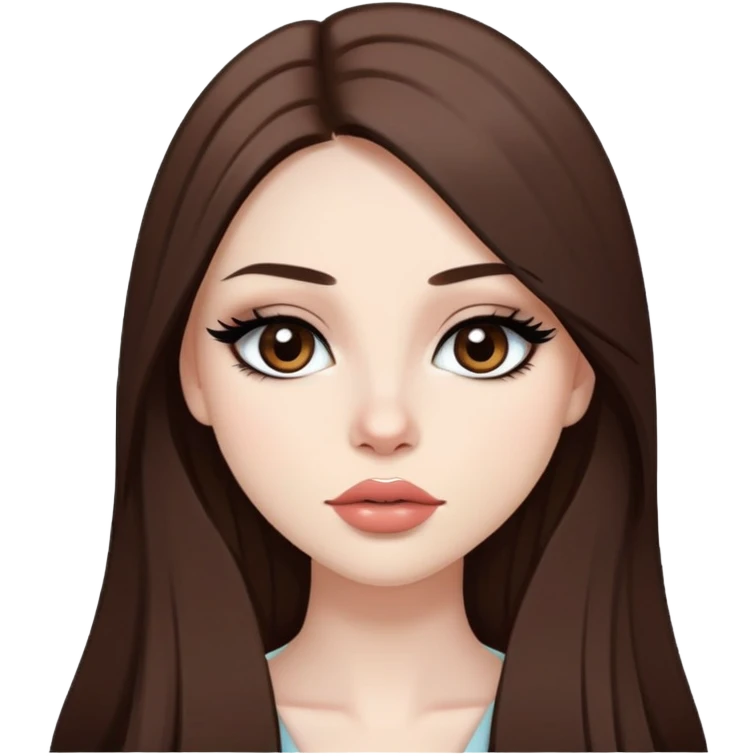 pretty baddie, brown straight hair, cute lips, pale skin, long hair, dark brown eyes, bold black eyeliner emoji