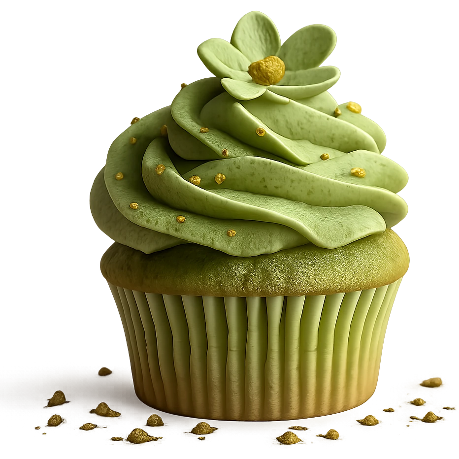 Change the icing to matcha (green tea) flavor, keep the realistic cupcake and accessories, photorealistic style, transparent background. emoji