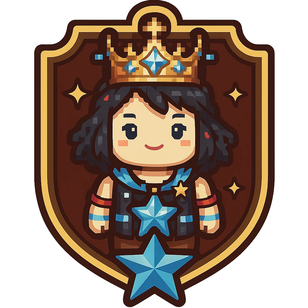 Transform this MVP pixel art with star or crown accent into a badge style while keeping the pixel art style and transparent background. Emphasize the badge look with clear edges and a defined shape suitable for a badge, incorporating star or crown accents. emoji