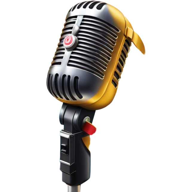 Create a vibrant and dynamic emoji that represents pop vocal performance without people. The design should feature a close-up of a classic stage microphone (retro-style) with a lanyard, set against a stage background. Add concert lighting, a celebratory salute of confetti or fireworks in the background, and musical notes forming a ribbon, symbolizing the performance and creativity of pop vocals. Include subtle elements like a formal stage costume to emphasize the professional aspect. Use bright, bold colors like gold, red, and neon to reflect the energetic and glamorous nature of pop vocal performance. The background should be transparent. emoji