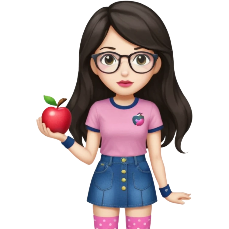 Light skin but a little white , monolid eyes,  dark brown long (not too long but not too short) hair, a button nose, fuller lips, blush (Light) PiNk liptint not too pink, wearing  bayonetta glasses (red) a apple T-shirt, dotted socks, a denim skirt emoji