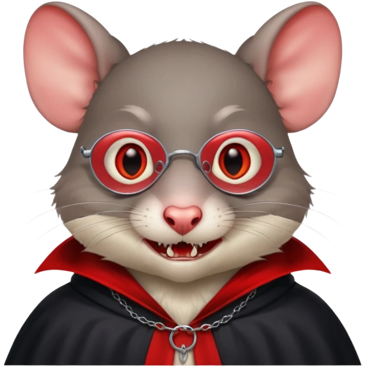 Vampire animal, rat in red collar cloak, red eye, fangs, classes emoji