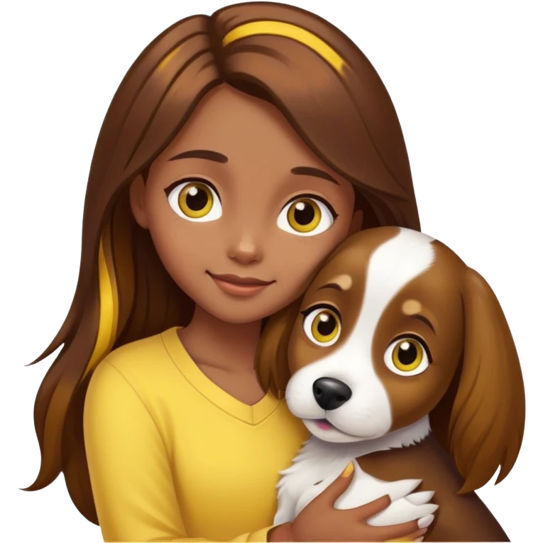 A girl with long brown hair with yellow highlights, big eyes and slightly dark skin happily hugs the dog tightly. The image size is 1:1 emoji