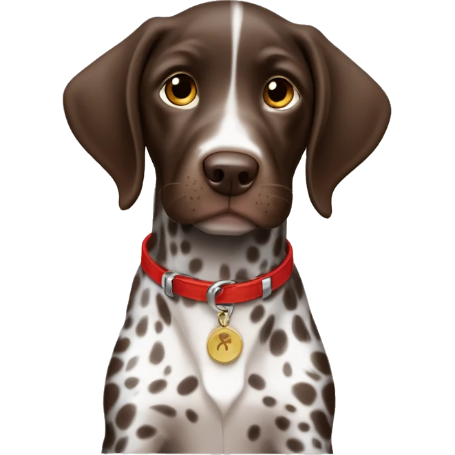 Brown spotted German short haired pointer puppy with ticking with red collar  emoji