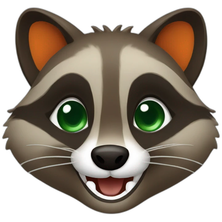 brown raccoon with orange eyes and a dark green hood that is laughing emoji