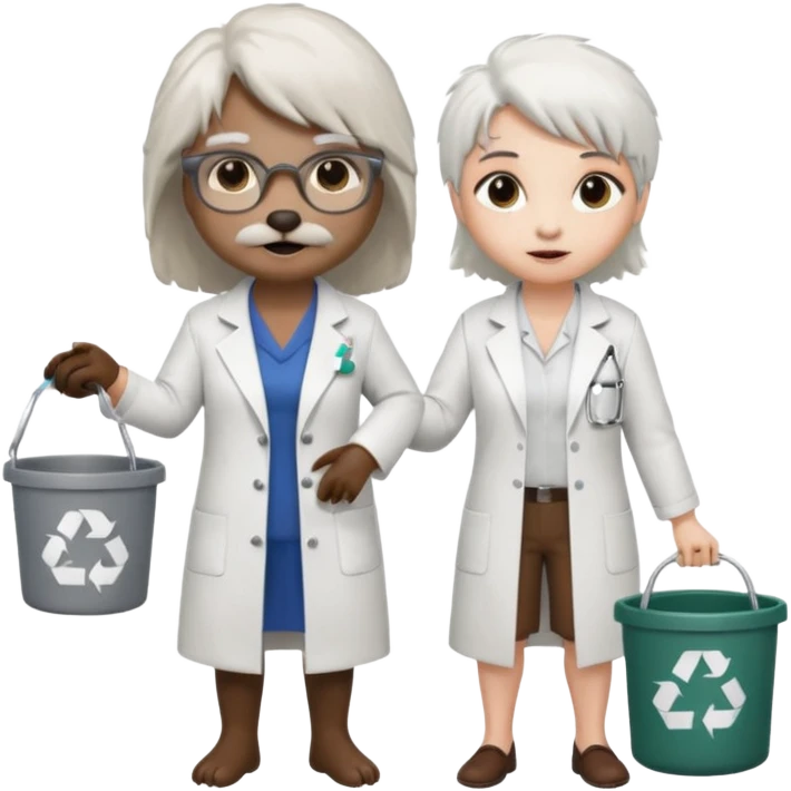 an woman otter picking up trash bins, next to a mad scientist emoji