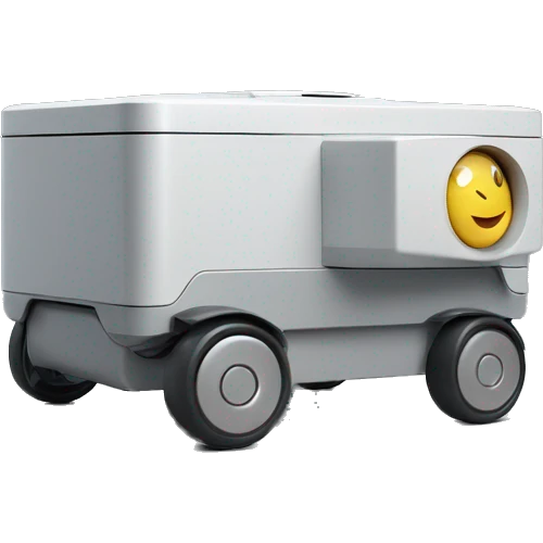 solid horizontal rectangle gray delivery robot with white circle white led eyes and opening lid on 4 wheels with food, minimalistic design emoji