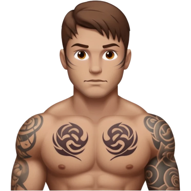 tattoo man, fair white skintone,brown hair, tattoos on face, more visible, bulky man with tattos on his chest, heavy tattoos. emoji