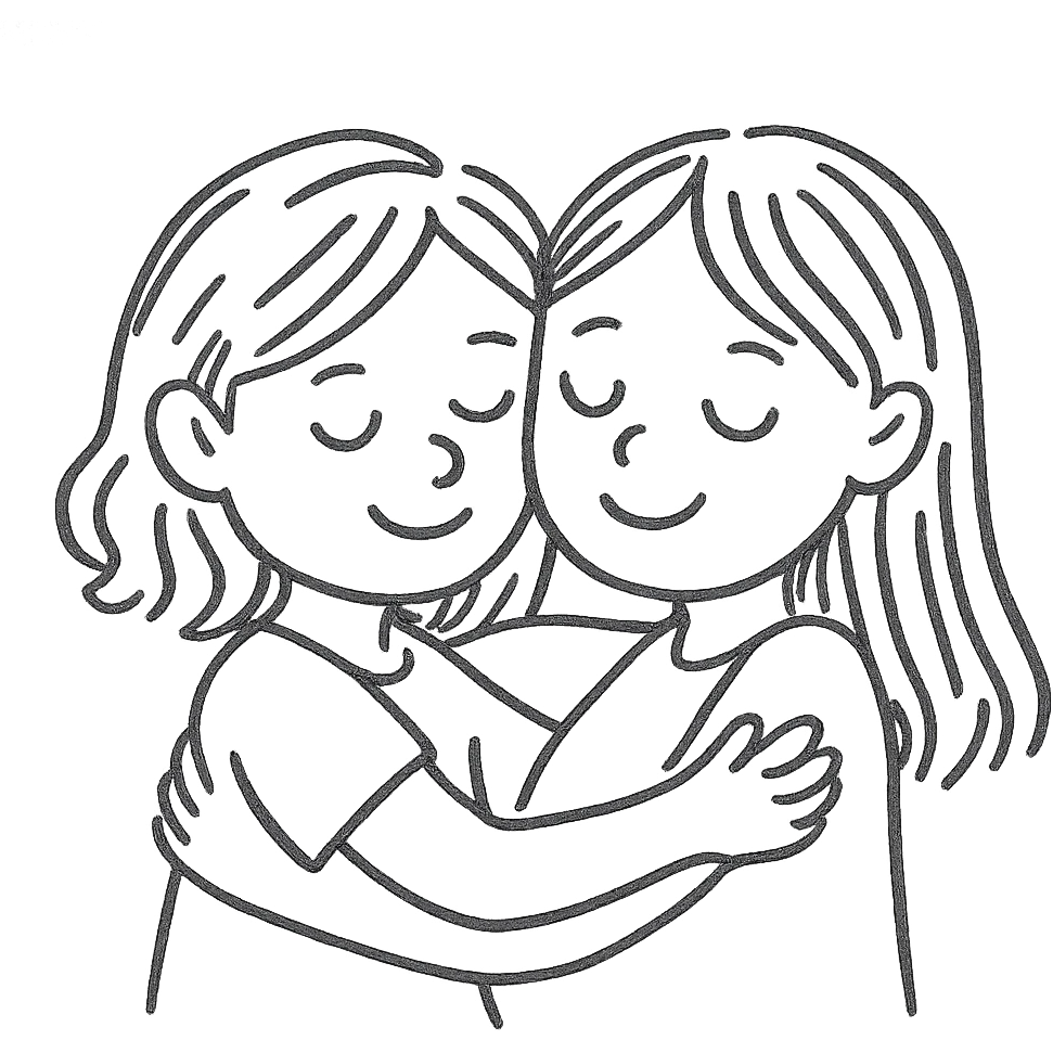 Two girls in a loving embrace, hand-drawn icon with black outlines, no fill emoji