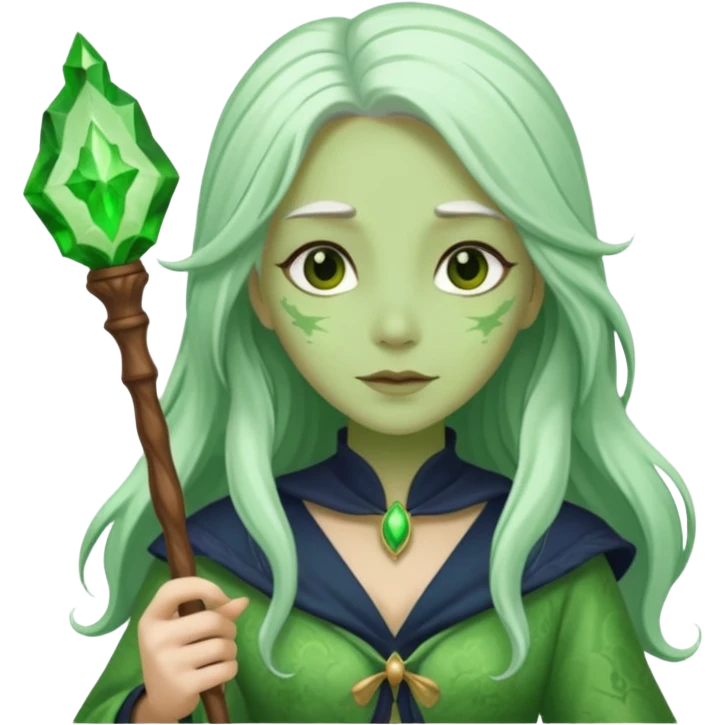 Woman with green skin color with long hair white color and carrying a magic wand emoji