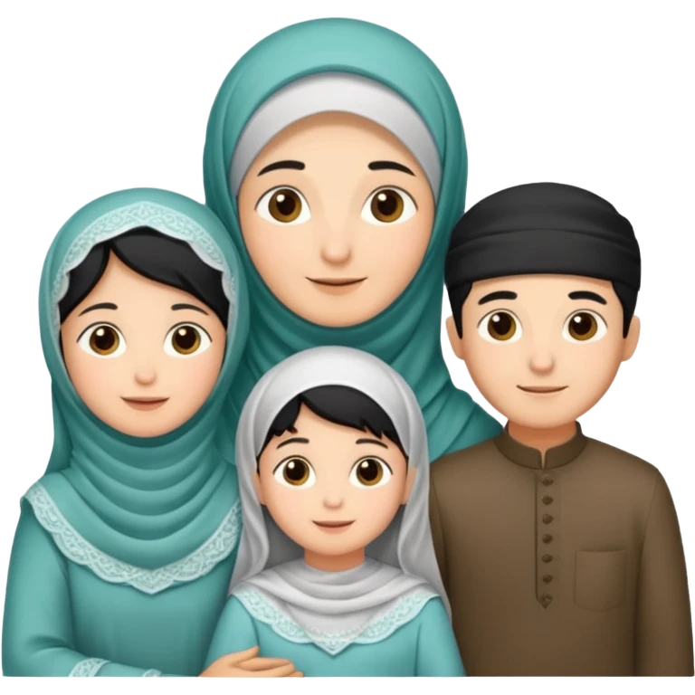 Lebaran. Keluarga terdiri dari Ayah dan ibu, 3 orang anak yang terdiri dari dua anak laki-laki dan seorang anak perempuan yang merupakan anak terkecil. Ibunya menggunakan cadar. emoji