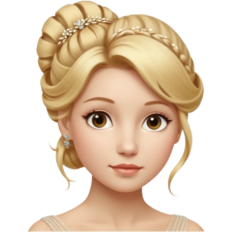 Cinematic Realistic Rococo Portrait, depicted with lifelike skin texture, subtle rosy undertones, and soft natural lighting that enhances the gentle contours of her face. Her intricately detailed golden blonde hair is elegantly styled in an updo, with delicate wisps framing her face.  emoji