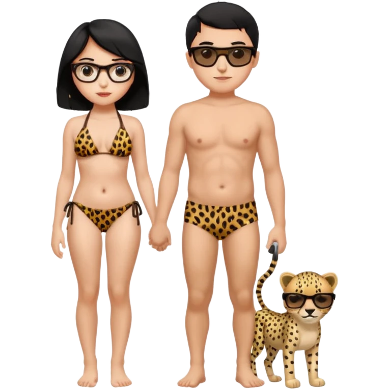 black haired girl with big boobs with shades on... wearing a cheetah print bikini standing with a boy with black hair wearing glasses and shirt less emoji