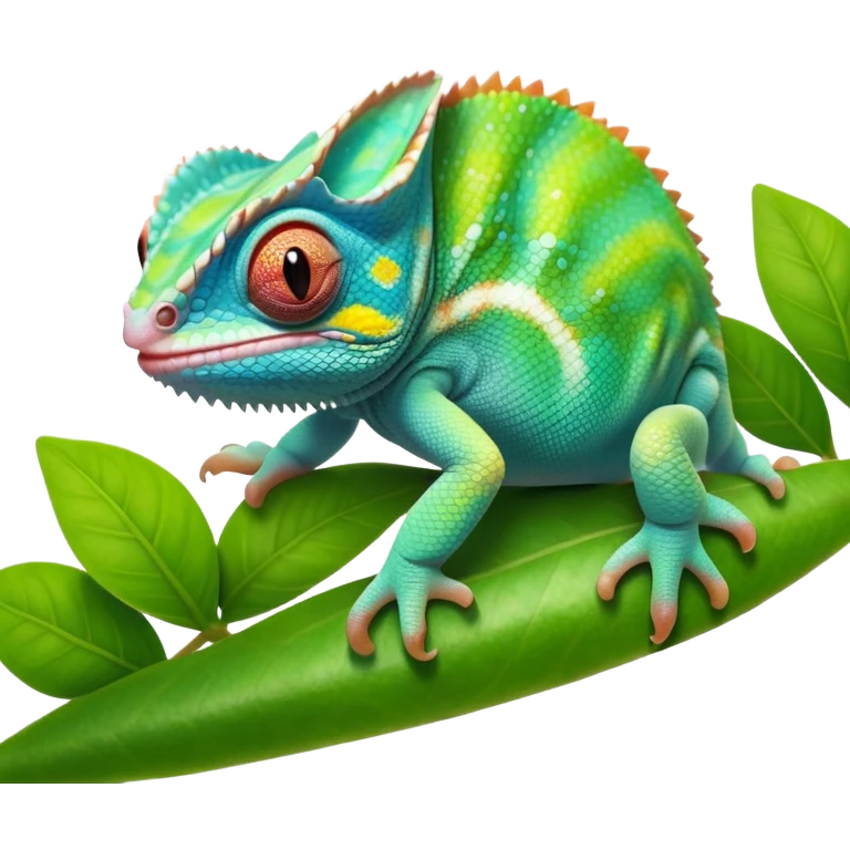 cinematic cute-smiling baby chameleon-realistic emoji,-blending-with-vibrant-greenery.-detailed-scales-in-shifting-colors,-showing-the-chameleon’s-ability-to-camouflage.-soft-natural-light-highlights-its-texture.-light-background, zoomed into its face emoji