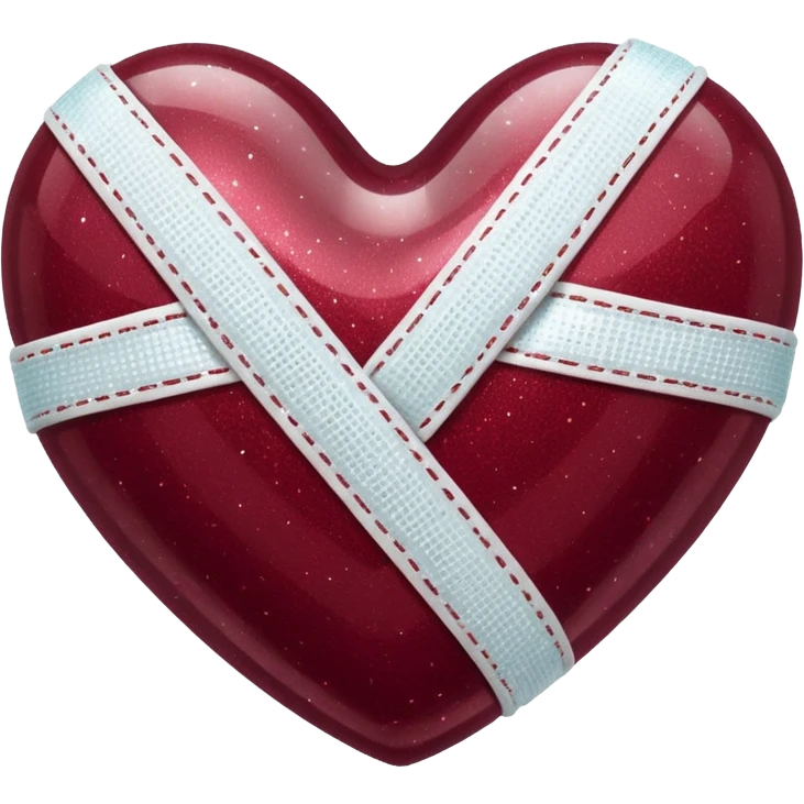 Burgundy sparkly glittery heart, glassy finish, with one white bandage wrapped around it, high resolution emoji