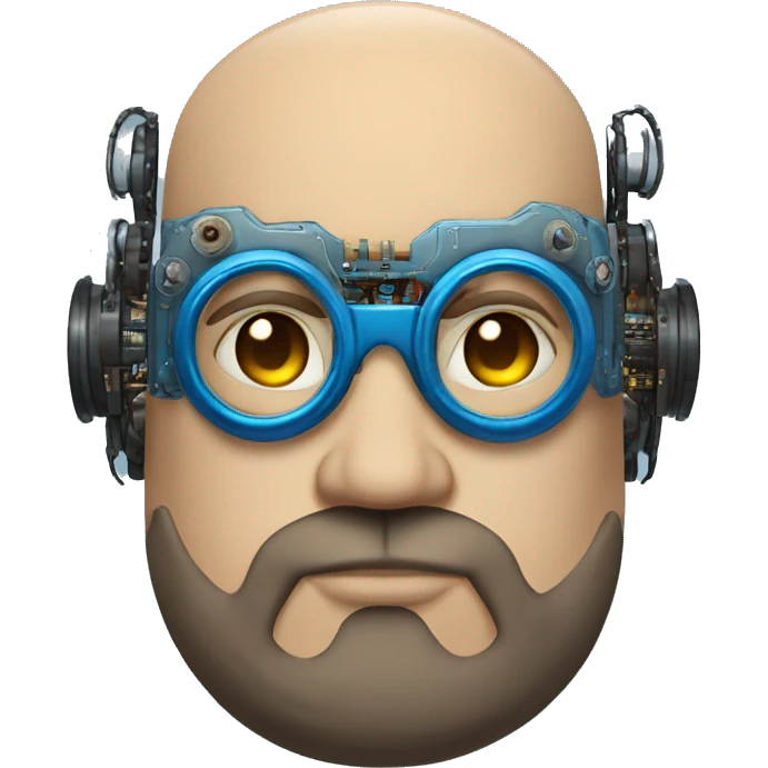Bearded Fat bald cyborg head with tan skin, blue steampunk goggles and circuits emoji