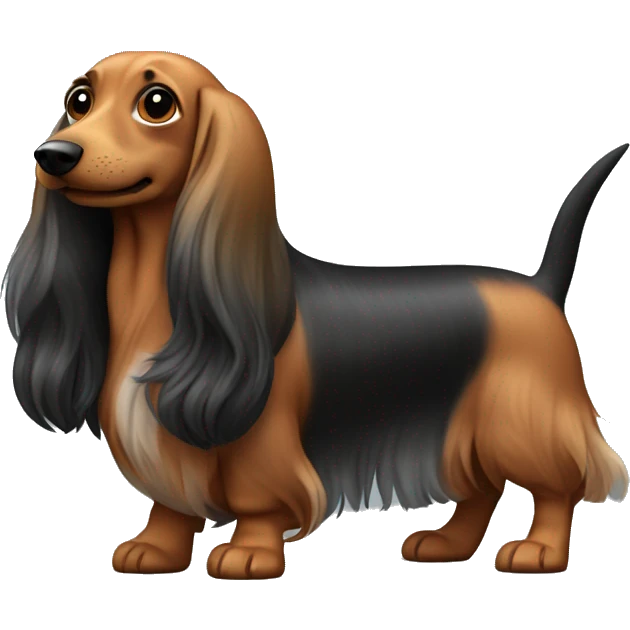 Wiener dog with long hair, brown, black and grey with Carmel color paws  emoji
