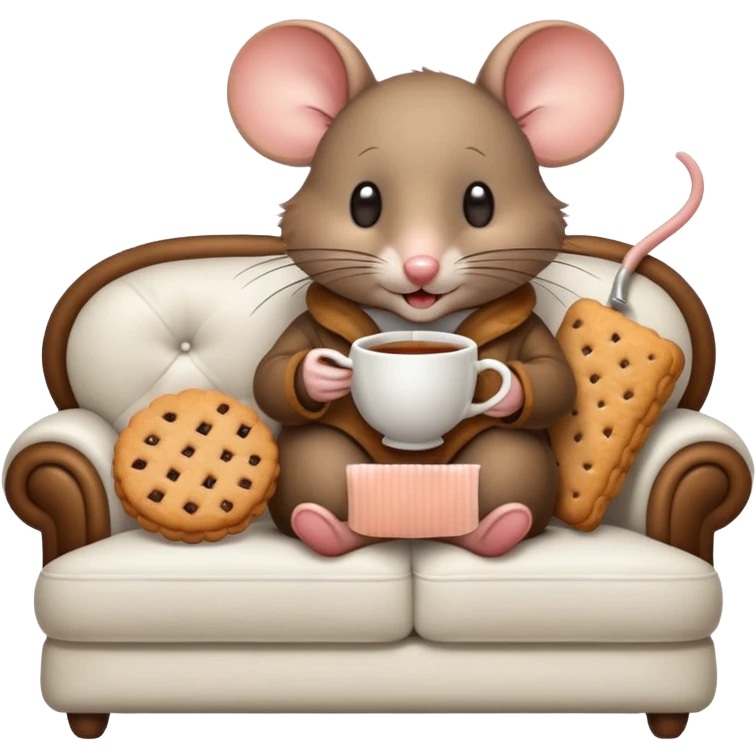 mouse on a white couch eating a biscuit with a hot cup of tea on the side  emoji
