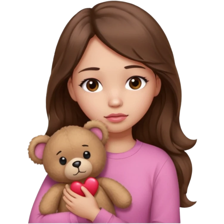 girl with long wavy brown hair, brown eyes, light to medium complexion, in a pink shirt, pink lips, long lashes, sad, hugging a teddy bear with a  heart emoji