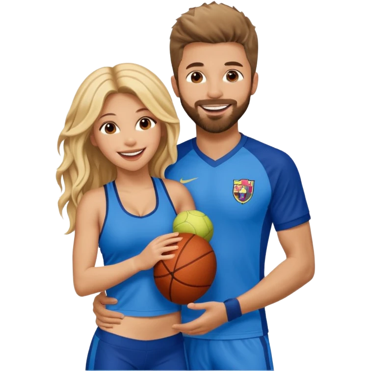 Shakira with blue eyes and her husband  Gerard pique with blue eyes  holding her in his arms. They both laugh at each other. Its beautiful and romantic. Also their outfits are very sporty and cool  emoji