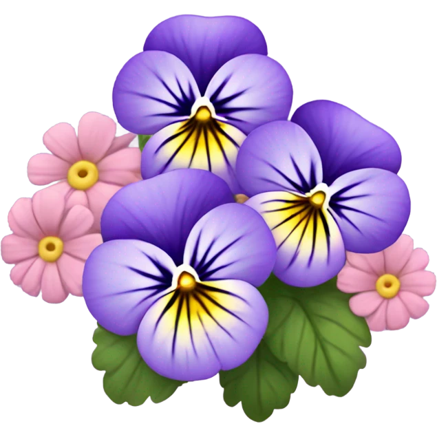 composition of aesthetically pleasing violet pansies, pastel pink daisies set against a background of a rosy vintage-style perfume bottle  emoji