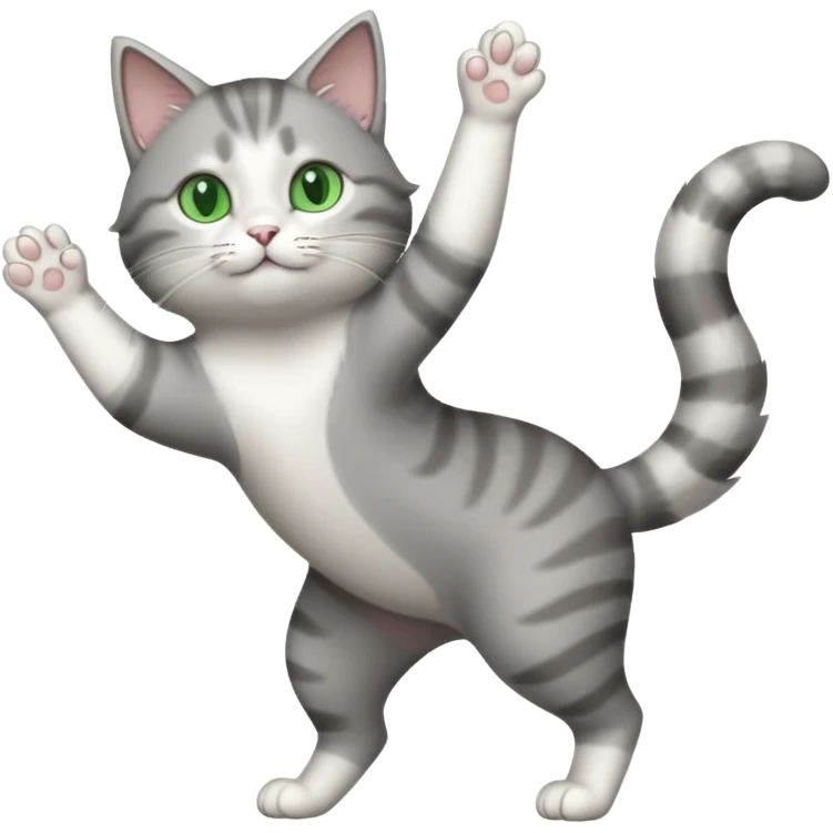 grey and white cat with green eyes doing a big extremely long stretch reaching up into the air with arms and legs side by side together straight and overextended emoji