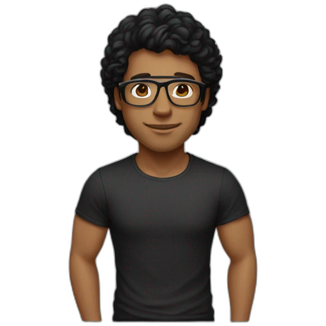 Light Brown guy, black medium long wavy hair, no facial hair, transparent aviator glasses, black t shirt emoji