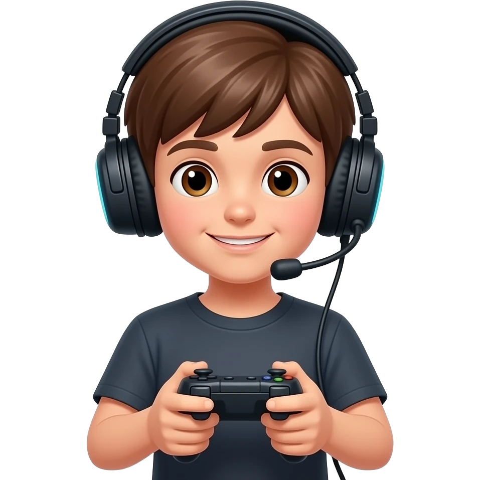 Fais un garçon brun aux cheveux longs jusqu'au cou avec un casque de gamer et une manette dans la main emoji
