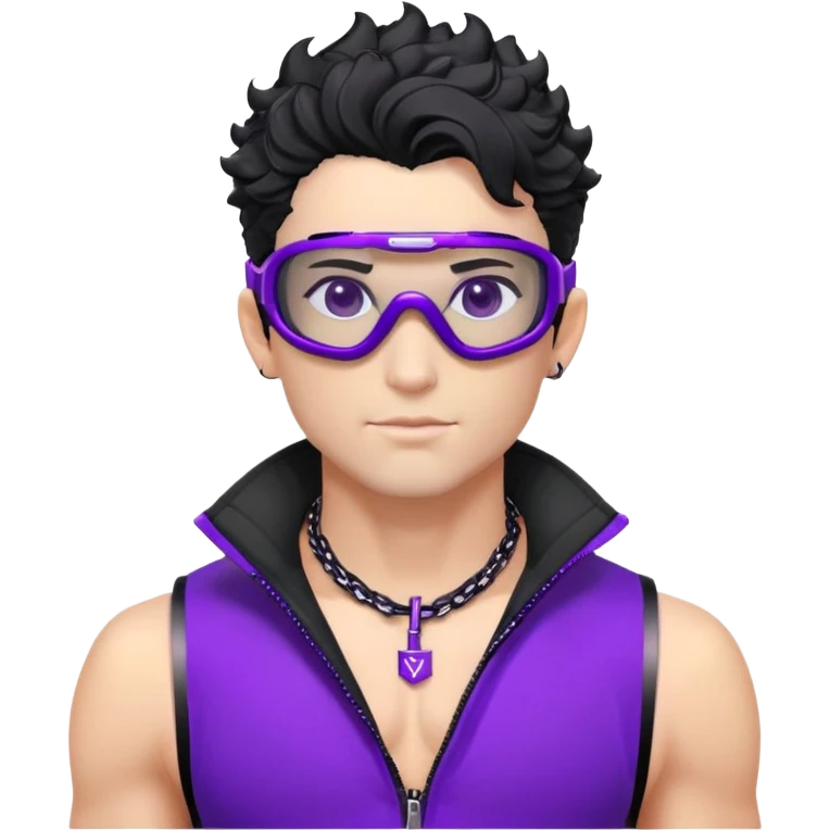 male athlete with white skin and moderately curly black hair on top with shaved sides, wearing ski goggles with purple frames and very dark black lenses, a simple plain black chain necklace, and an open shiny purple vest showing his chest and abs, no earrings emoji