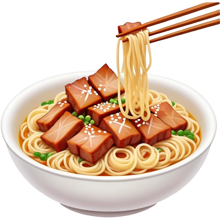 Cantonese Wonton Noodles with char siu pork, simplified emoji style with bold outlines and bright colors, cartoon style Hong Kong style thin egg noodles emoji