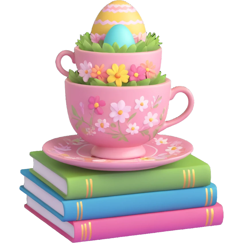A pink floral-patterned teacup with steam rising, placed on top of two stacked books with pastel colors and an Easter egg on the side emoji