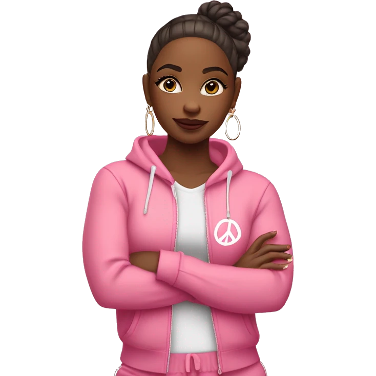 Girl emoji: pink tracksuit, hoop earrings, pink lips, lashes, nails. Poses: peace sign, nails, phone, arms crossed. full body emoji