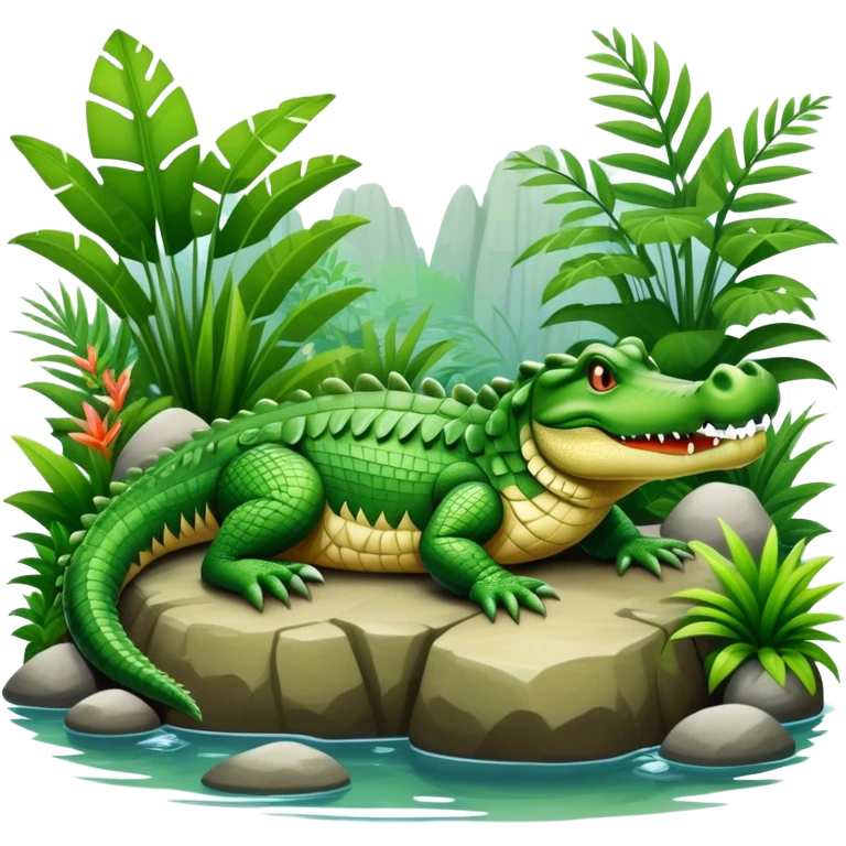 Crocodile resting, surrounded by rocks, water, and tropical plants. The green scales of the crocodile glisten under the light, with its sharp eyes focused ahead. The background features a naturalistic habitat with plants and water, giving it a lifelike feel. emoji