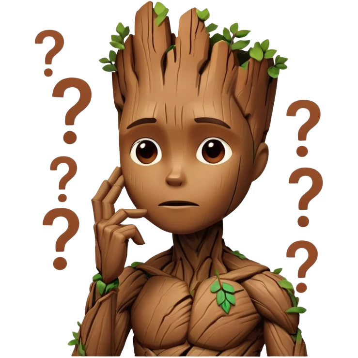 Groot thinking, surrounded by question marks, with his hand on his chin emoji