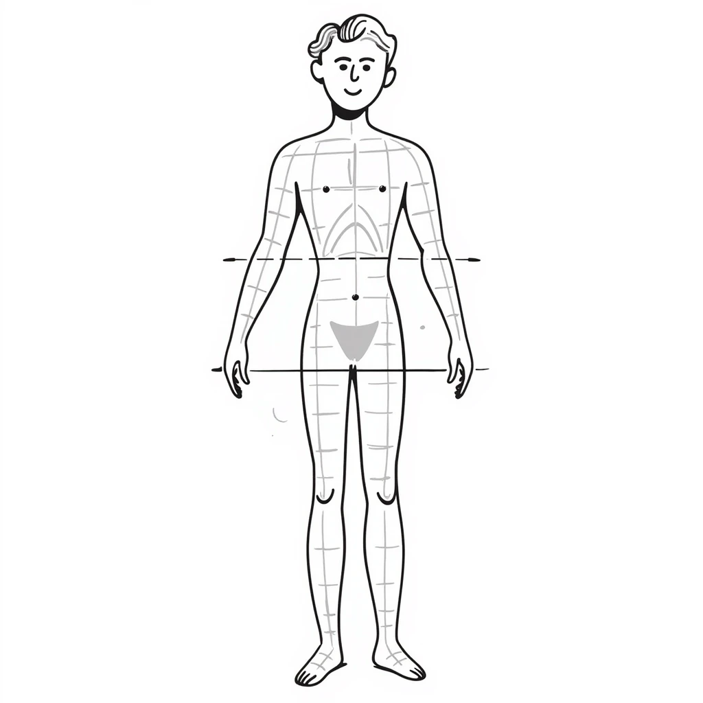 Human figure with digital measurement lines and grid pattern overlay ...