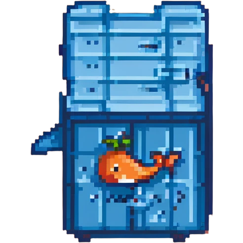 pixel art style blue shipping container with docker whale logo emoji